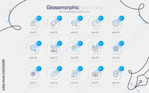 Set of Payment, Phone timing and Cogwheel line icons for web app. Video conference, Star, Globe icons. Qr code, Analytics, New products signs. Share, Lightning bolt, Click. Waterproof. Vector