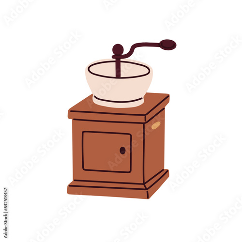 Manual coffee bean grinder with handle. Wooden kitchen appliance, tool for fresh coffe grinding. Vintage kitchenware. Flat vector illustration isolated on white background