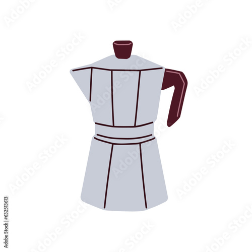 Metal moka pot, stovetop coffeemaker. Steel kitchen appliance, coffe kettle. Traditional tool for fresh Italian espresso brewing. Flat vector illustration isolated on white background photo