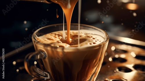  Hot coffee pouring from a professional espresso machine into a cup photo