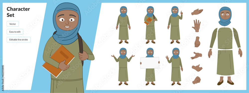 Illustration of a small Muslim child, wearing traditional clothing in a set of multiple poses. Easy to edit with editable line strokes and isolated on white background. Suitable for animation. Illustration of a small Muslim child, wearing traditional clothing in a set of multiple poses. Easy to edit with editable line strokes and isolated on white background. Suitable for animation.