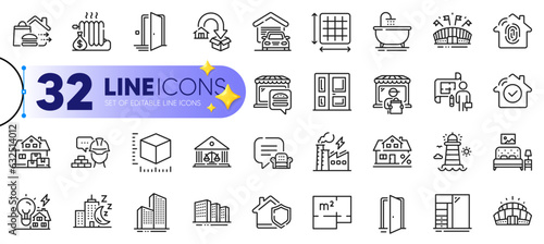 Outline set of Package size, Door and Skyscraper buildings line icons for web with Court building, House security, Lighthouse thin icon. Home insurance, Sports arena. Vector