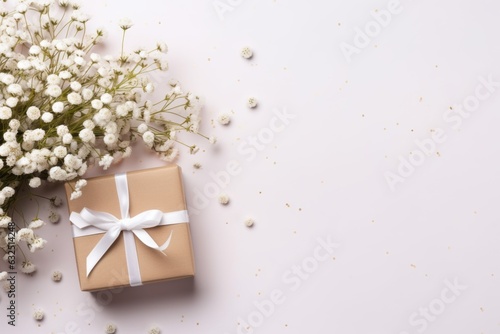 Gift present box and flower gypsophila. Beautiful illustration picture. Generative AI