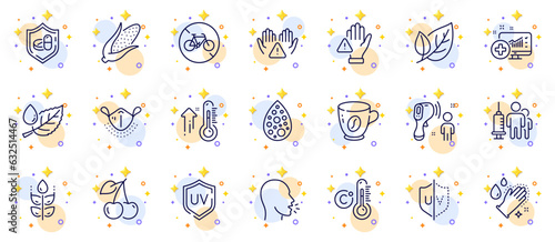 Outline set of Medical mask, Coffee and Cough line icons for web app. Include Corn, Gluten free, Uv protection pictogram icons. Celsius thermometer, Artificial colors. Circles with 3d stars. Vector