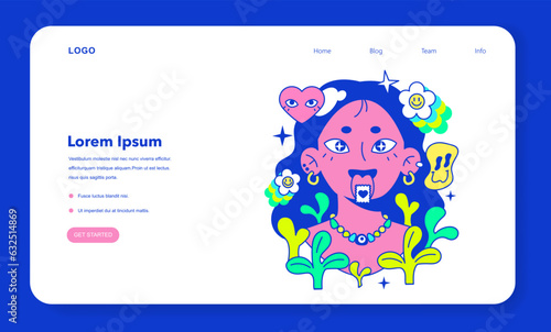Psychedelic trip party web banner or landing page. Rave camp.
