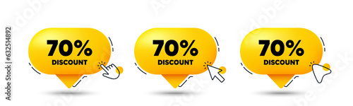 70 percent discount tag. Click here buttons. Sale offer price sign. Special offer symbol. Discount speech bubble chat message. Talk box infographics. Vector
