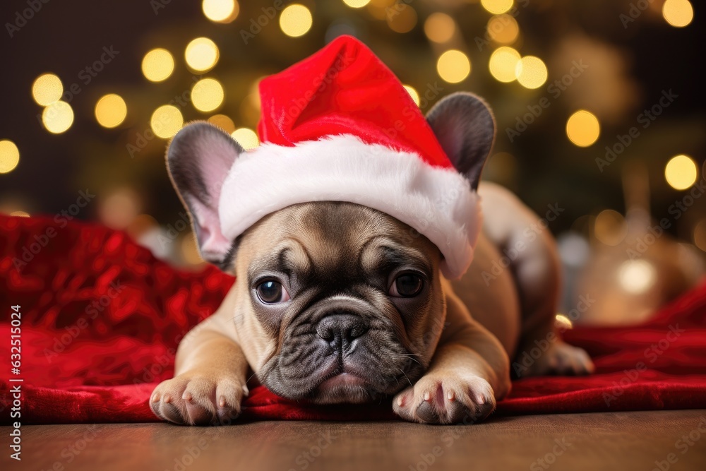 French Bull Dog wearing a Christmas Hat with many lights on the background. Generative AI French Bull Dog wearing a Christmas Hat with many lights on the background. Generative AI