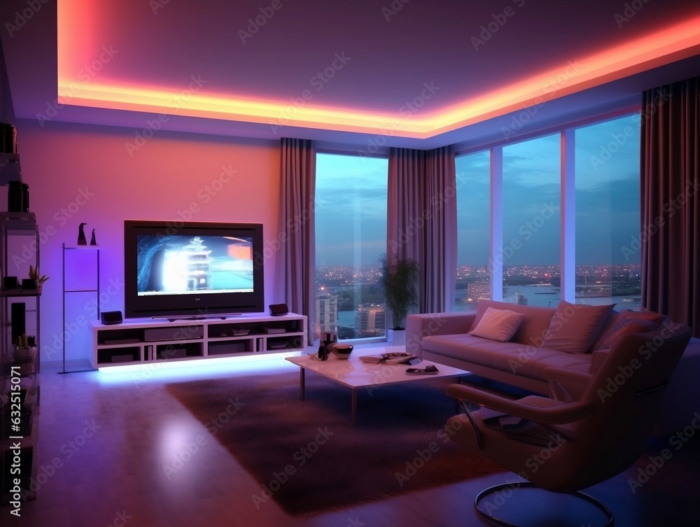 Modern smart living room with multicolor led light generative ai