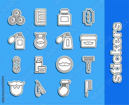 Set line Hairbrush, Shaving razor, Cream lotion cosmetic jar, Aftershave, Barbershop, bottle with atomizer, Towel rolls and icon. Vector