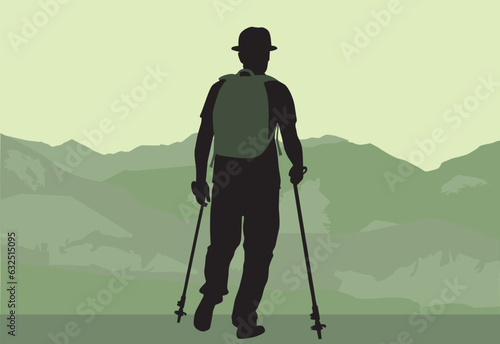 Mountain hike, silhouette of a man with a backpack.