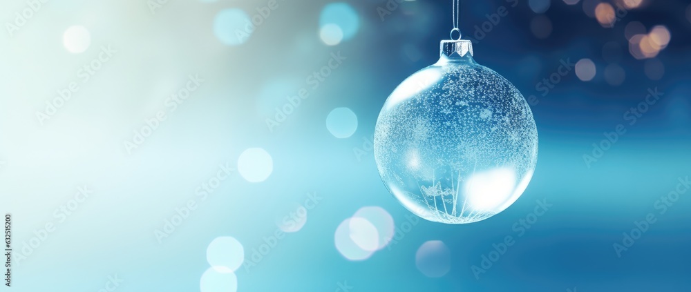 Transparent Christmas ball on a blue background with lights. Generative AI Transparent Christmas ball on a blue background with lights. Generative AI