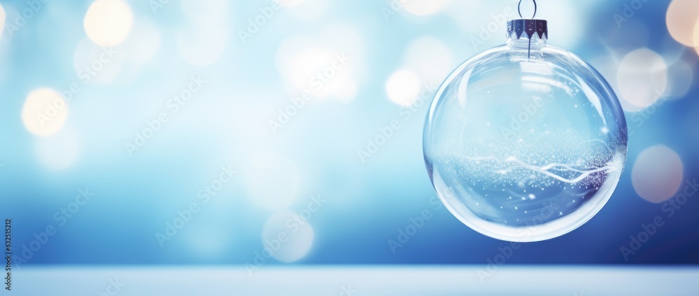Transparent Christmas ball on a blue background with lights. Generative AI Transparent Christmas ball on a blue background with lights. Generative AI