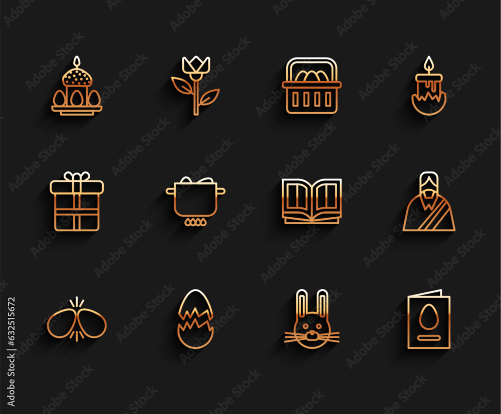 Set line Easter eggs, Broken, cake and, rabbit, Greeting card with Happy, Egg hot pot, Jesus Christ and Holy bible book icon. Vector Set line Easter eggs, Broken, cake and, rabbit, Greeting card with Happy, Egg hot pot, Jesus Christ and Holy bible book icon. Vector