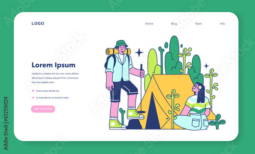Retreat camp web banner or landing page. Characters installing