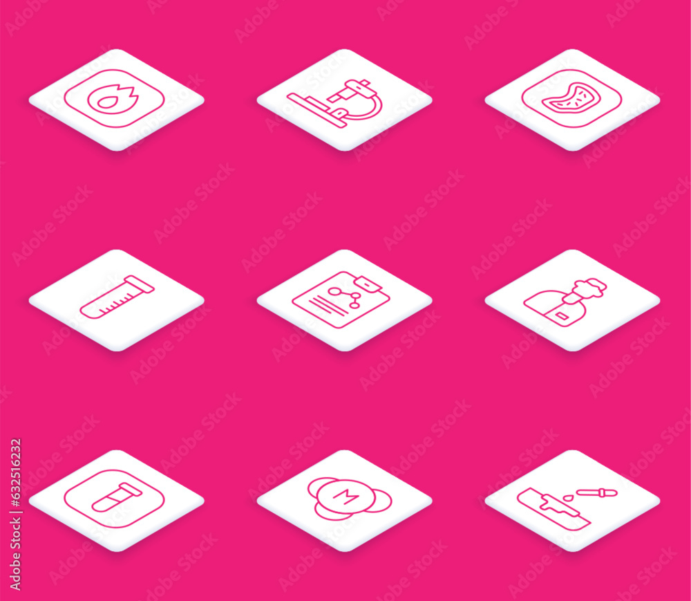 Set line Fire flame, Microscope, Bacteria, Test tube and flask, Chemistry report, Laboratory assistant, and Molecule icon. Vector Set line Fire flame, Microscope, Bacteria, Test tube and flask, Chemistry report, Laboratory assistant, and Molecule icon. Vector