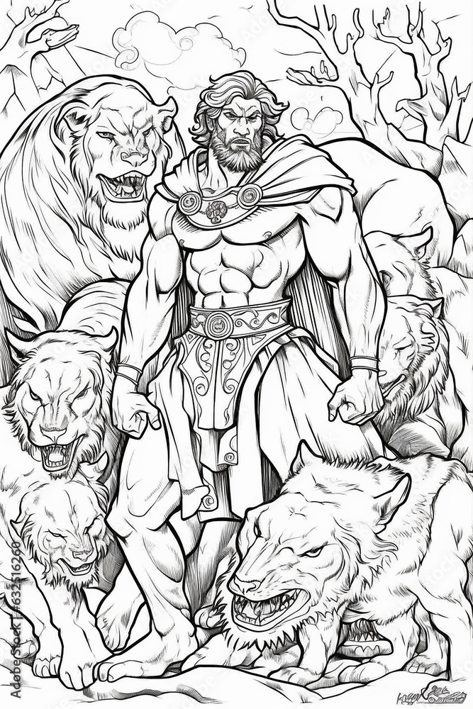 Hercules and lion. Children's coloring book. AI generation.. Hercules and lion. Children's coloring book. AI generation..