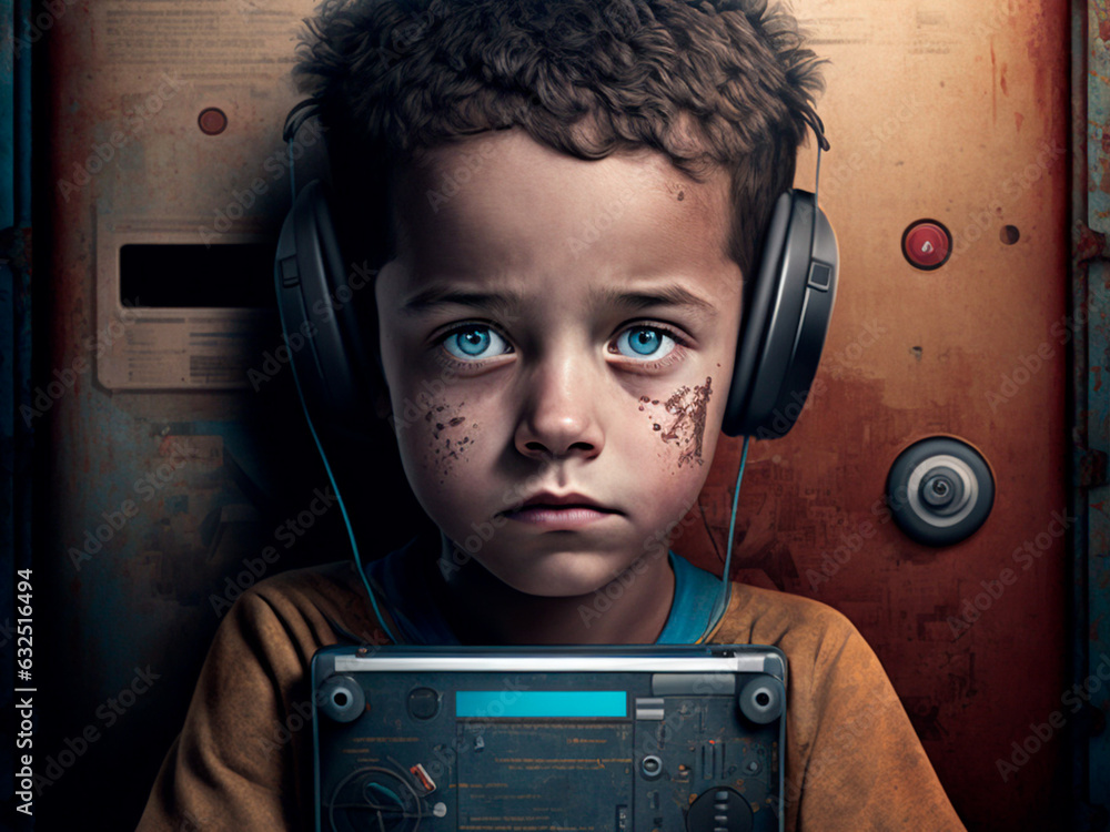 illustration of a sad child listening to a musical so as not to hear screaming