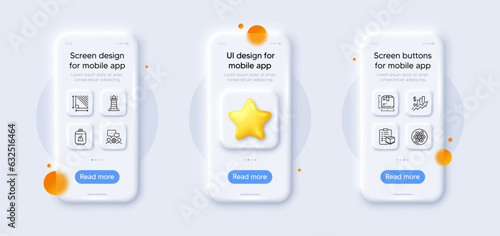Cable section, Engineering team and Package size line icons pack. 3d phone mockups with star. Glass smartphone screen. Lighthouse, Triangle area, Gas cylinder web icon. Vector