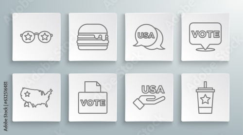 Set line USA map, Burger, Vote box, Independence day, Paper glass with straw, and Glasses stars icon. Vector