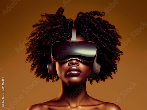 illustration of African American woman with virtual reality goggles, enjoying herself.