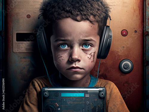 illustration of a sad child listening to a musical so as not to hear screaming