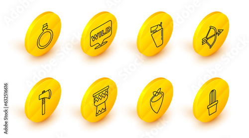 Set line Cactus peyote in pot, Cowboy bandana, Drum, Tomahawk axe, Bow arrow quiver, Revolver gun holster, Pointer to wild west and Canteen water bottle icon. Vector