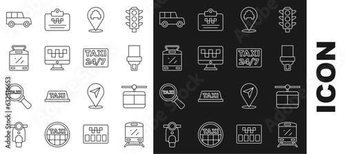 Set line Train, Cable car, Safety belt, Location with taxi, Computer call service, Tram and railway, Car and icon. Vector