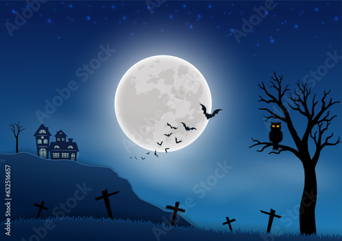 Happy Halloween celebrate theme on night scene background with graveyard and haunted house on full moon night