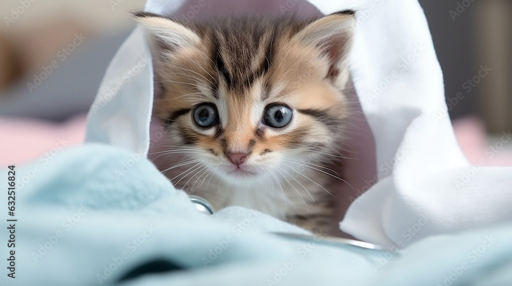 Adorable kitten receiving a check-up from a caring vet, vet, banner, pet, Generative AI