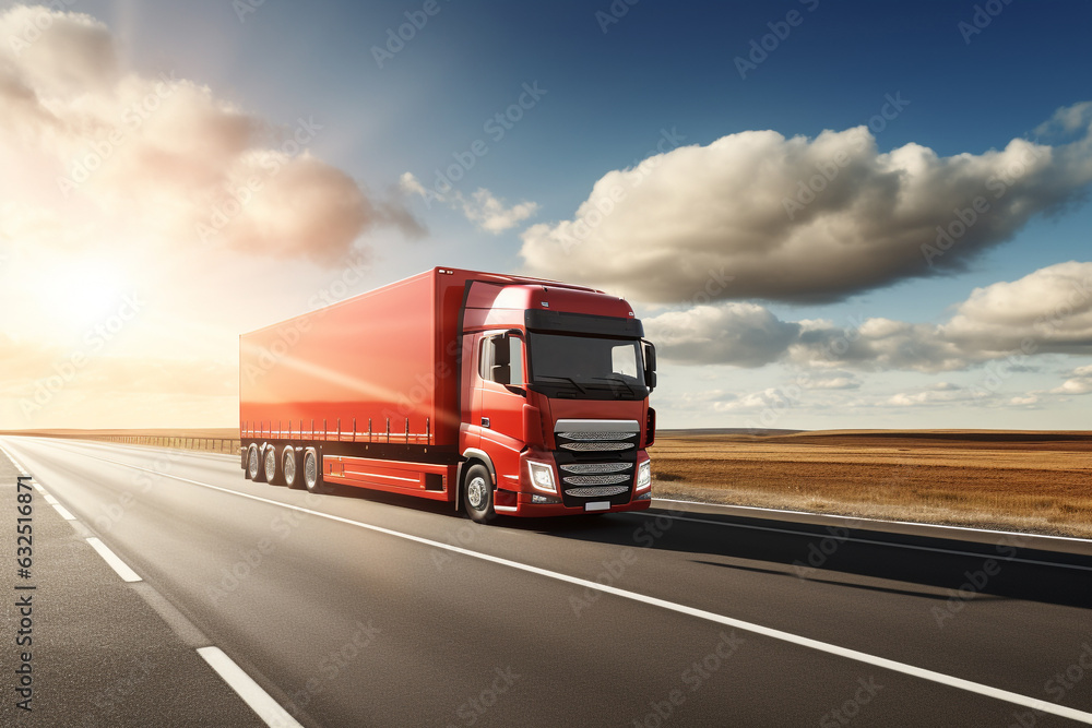 big red trailer truck running on the road with Twilight. generative ai. big red trailer truck running on the road with Twilight. generative ai.