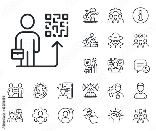 Person with qr code sign. Specialist, doctor and job competition outline icons. Leadership line icon. Business skill symbol. Leadership line sign. Avatar placeholder, spy headshot icon. Vector