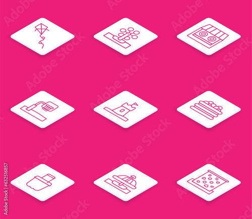 Set line Kite, Ferris wheel, Shooting gallery, Basketball backboard, Sand tower, Pool with balls, bucket and Attraction carousel icon. Vector