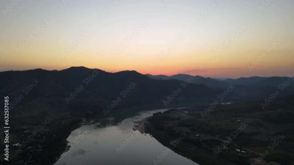 utumn landscape- Distant mountain range and thin layer and river utumn landscape- Distant mountain range and thin layer and river