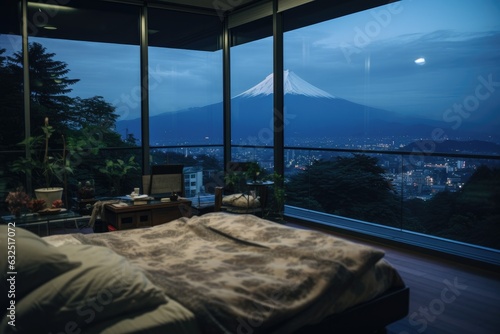 Luxury Hotel Bed room with Fuji mountain background. Generative AI