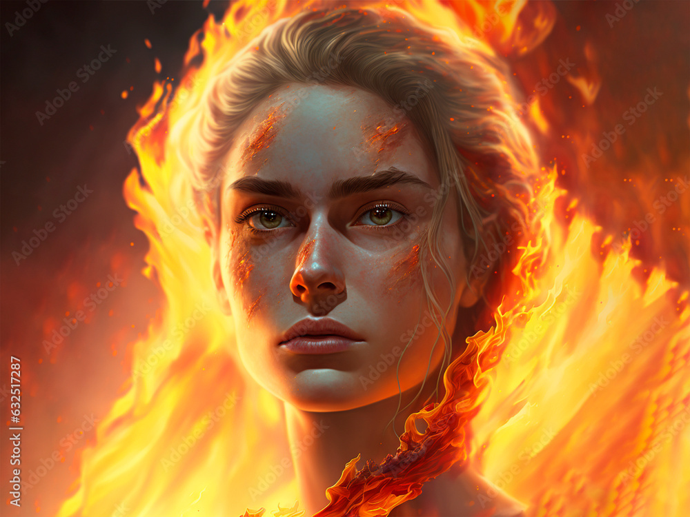 woman as an element of fire personified. Illustration of girl representing fire.