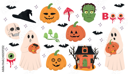 Halloween set of elements: ghost, pumpkin, frankenstein, skull and bat. Hand drawn collection. Vector illustration.