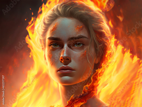 woman as an element of fire personified. Illustration of girl representing fire.