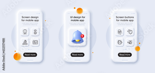 Electric app, Gps and Shoulder strap line icons pack. 3d phone mockups with bell alert. Glass smartphone screen. Air balloon, Waterproof, Roller coaster web icon. Vector