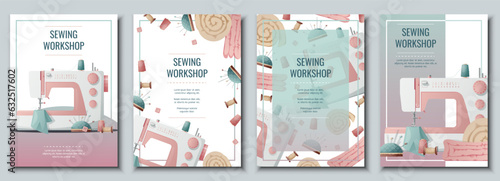 Flyer design set with sewing machine and sewing supplies. Light industry. Needlework, hobby, sewing. Poster banner for sewing shop, workshop, atelier.