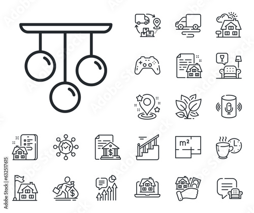 Fixture light sign. Floor plan, stairs and lounge room outline icons. Ceiling lamp line icon. Interior illuminate symbol. Ceiling lamp line sign. House mortgage, sell building icon. Vector