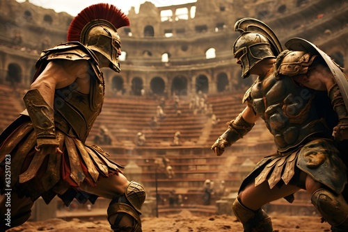 Fight between two Roman gladiators in the coliseum. Realistic representation of Roman combat.