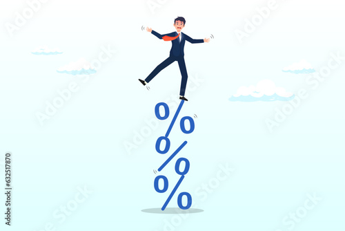 Businessman balance on percentage stack, risky interest rate hike causing business slow down or investment crisis, risk of economic recession, unstable financial or banking debt problem (Vector)