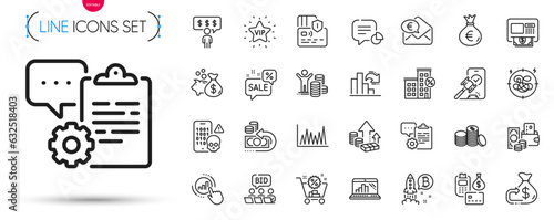 Pack of Money bag, Statistic and Cash back line icons. Include Auction, Cyber attack, Decreasing graph pictogram icons. Graph chart, Bitcoin project, Vip star signs. Cashback, Inflation. Vector