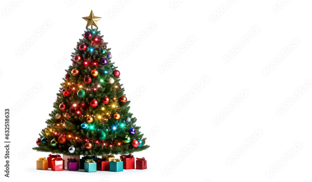 Christmas Tree decorated with shiny glitter, balls, star and lights. Cutout isolated on a white background with copy space. Christmas Tree decorated with shiny glitter, balls, star and lights. Cutout isolated on a white background with copy space.