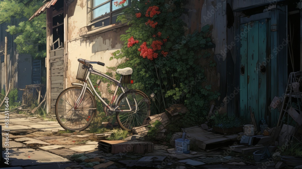 Photo of a bicycle leaning against a building in a picturesque street scene Photo of a bicycle leaning against a building in a picturesque street scene