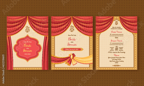 Indian Wedding Invitation Card Templates with Red Curtains.
