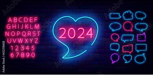 2024 neon label with heart shape. Happy new Year on brick wall. Think cloud frames collection. Vector stock illustration