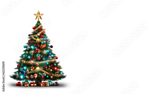 Christmas Tree decorated with shiny glitter, balls, star and lights. Cutout isolated on a white background with copy space.