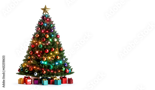 Christmas Tree decorated with shiny glitter, balls, star and lights. Cutout isolated on a white background with copy space.