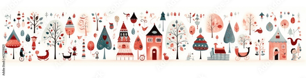 Horizontal Christmas illustration with beatiful houses and pines. Generative AI